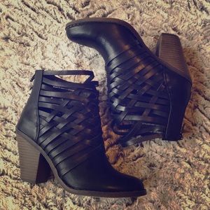 Black faux leather heeled booties
